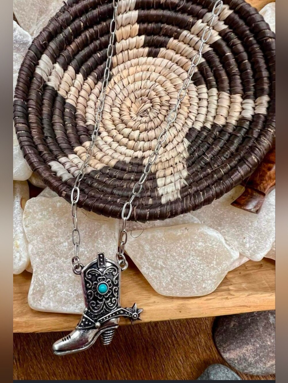 Silver Boot Pendant Necklace with Turquoise Accent - Women Jewelry - Picture 2 of 3
